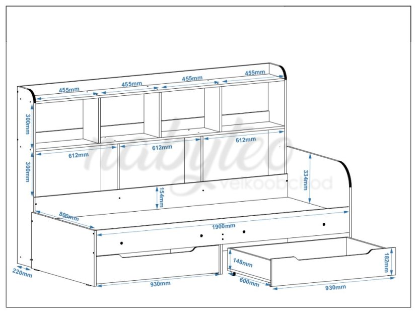 Dětská postel SONYA-6, 80 x 190 cm, se zásuvkami a regály