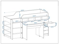 Patrová postel LEGENDA, 70 x 190 cm, s psacím stolem, komodou a regály