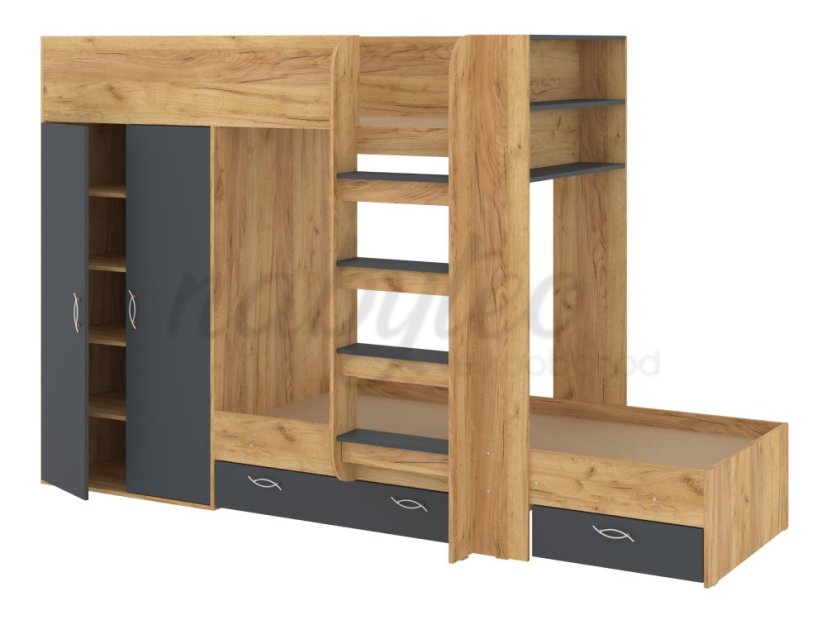 Patrová postel NEMO, 90 x 200 cm, se šatní skříní a zásuvkami