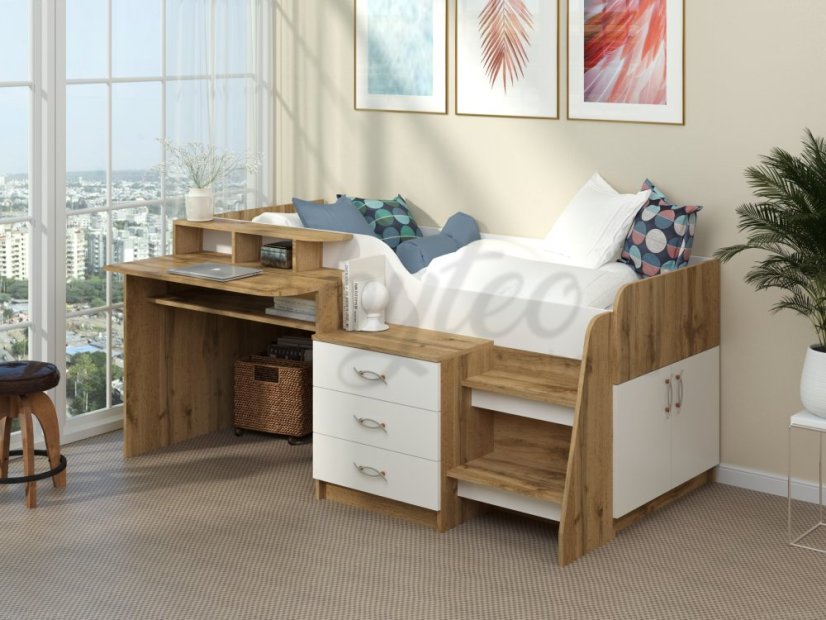 Patrová postel SPEYS, 90 x 200 cm, s psacím stolem a komodou