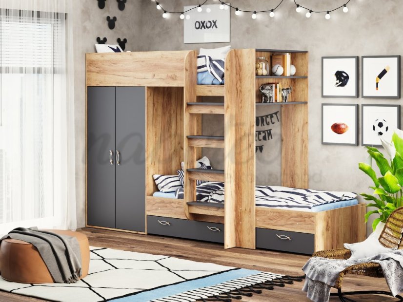 Patrová postel NEMO, 90 x 200 cm, se šatní skříní a zásuvkami