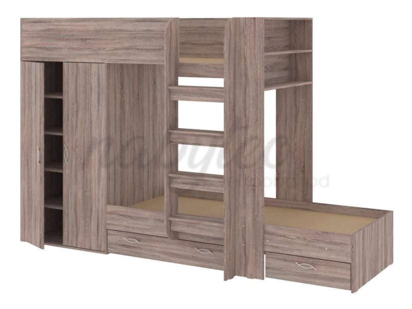 Patrová postel NEMO, 90 x 200 cm, se šatní skříní a zásuvkami