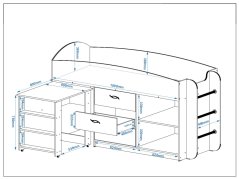 Patrová postel POLUS, 80 x 190 cm, s psacím stolem a komodou