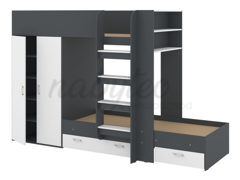 Patrová postel NEMO, 90 x 200 cm, se šatní skříní a zásuvkami